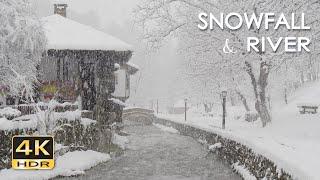 4K HDR Snowfall & River - Stream Sounds & Heavy Snow Falling - Snowy Winter Village Scenery - Relax