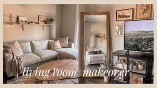 NEUTRAL LIVING ROOM MAKEOVER | thrifted home decor, diys + renter friendly