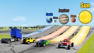 Which Ramp with Different Gravity Give Longest Jump (earth, moon, jupiter, mars, sun) - Beamng drive