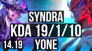 SYNDRA vs YONE (MID) | 19/1/10, Legendary, 49k DMG | EUW Challenger | 14.19