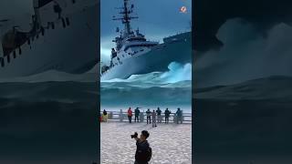 A large ship carried away by storm waves