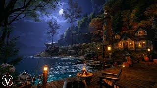 Lighthouse Keeper's Cottage | Night Ambience | Firepit, Ocean Waves, Rain & Thunder Nature Sounds