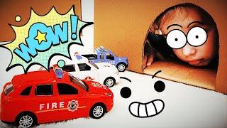 Niki plays with toy cars and saves a police and fire truck and an ambulance from cave (Play Parody)