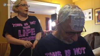 A shaved head plus high-tech headgear: Jeffrey Weiss' brain cancer saga continues