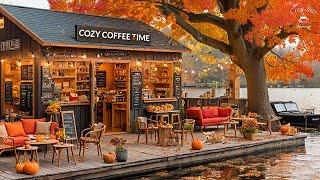 Enchanting Autumn Jazz Music to Relax  Lakeside Coffee Shop Ambience ~ Poetic Scenery of Fall