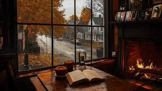 Cozy Autumn Room with Smooth Piano Jazz Music & Rain, Fireplace Sounds for Relaxing, Studying