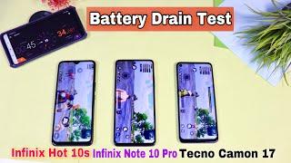 Tecno Camon 17 Vs Infinix Note 10 Pro Vs Infinix Hot 10s - Battery Drain Test  Pubg game & Youtube