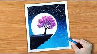 Drawing with oil pastel / Moonlight night scenery drawing #shorts