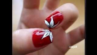 Red nails with white flowers - Nail Art Tutorial