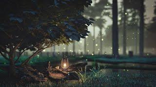 Rainy Dawn Forest Ambience  | Fireflies and Birds Relaxation | Light Rain Sounds