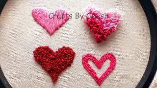 4 hearts in 4 methods | stitches for creating texture in hand embroidery Lesson 42 - Valentine's day