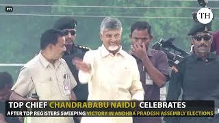 TDP Chief Chandrababu Naidu celebrates with supporters after sweeping victory in Assembly polls