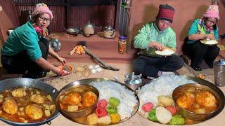 Nepali Cooking Food Aloo Anda Curry Recipe With Rice Eating in village kitchen Darjeeling