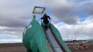 Danni masters the slide at Bedrock, Arizona