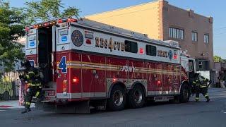 FDNY Rescue, Squad & Truck responding into Brooklyn Warehouse Fire