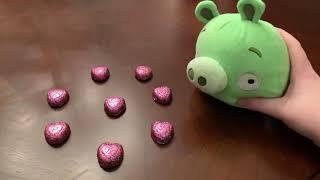 Green Piggy eating Milk Chocolate Hearts on Valentines Day!