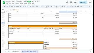 Vergo Construction Work Order template in Google Sheets