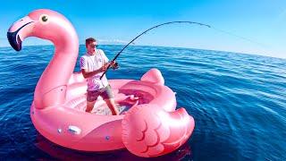 Fishing In the MIDDLE OF THE OCEAN On A FLAMINGO FLOATIE!