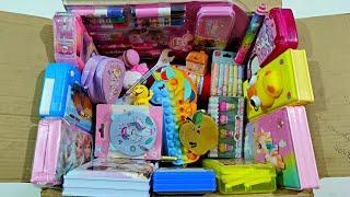 box full of stationery items, pencil box collection, pencil sharpener, eraser, pop it, eraser,  toy