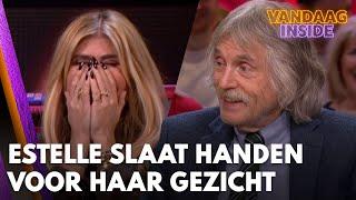 Estelle Cruijff slaat handen voor haar gezicht tijdens ordinair gesprek aan Vandaag Inside-tafel