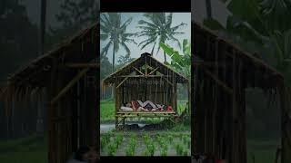 Sleeping Woman in a Rice Field Hut During Heavy Rain | Peaceful Village Ambience in 4K