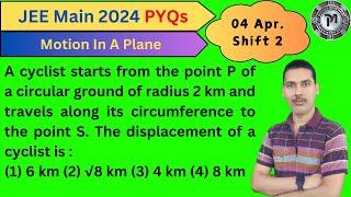 A cyclist starts from the point P of a circular ground of radius 2 km and travels along its.. JEE