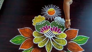 Simple pongal pot rangoli Sankaranthi rangoli//#pongalkolam //Pongal festival rangoli//Latha kolam