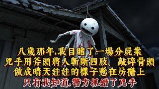 八歲那年，我目睹了一場分屍案。兇手用斧頭將活生生的人斬斷四肢、敲碎骨頭，做成晴天娃娃的樣子懸在房檐上，手段極其殘忍。警方很快就抓住了兇手。可只有我知道，警方抓錯了人。