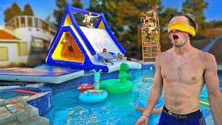 Surprised little brother with BACKYARD WATER PARK! *huge slide*