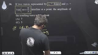 If two waves represented by y1 = 4sinωt and y2 = 3sinωt+π3 interfere at a po....