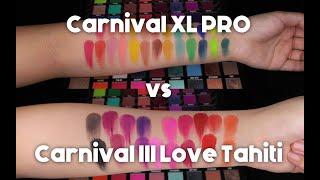 Comparison swatches--BPerfect Carnival III Love Tahiti vs Carnival XL Pro on Asian skin