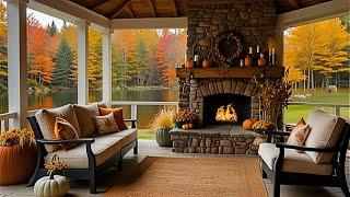 Cozy Autumn Lakeside Ambience | Fireplace, Birdsongs, & Water Sounds | Relaxing Nature Sounds