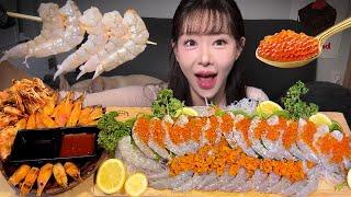 가을 제철 생새우위에 연어알, 우니 얹어서 10억 먹방 ㄷㄷ (feat. 새우머리튀김) | raw shrimp mukbang | asmr | eatingshow