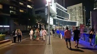 Beautiful Dubai Marina Promenade night walk to Bluewaters Island new boardwalk under construction