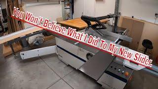 My New Sliding Table Saw Gets 2 Great Mods- Plus The Out-Feed Table Gets Cut Down And DIY Levelers.