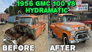 Giving this 1956 GMC 100 Big back window a second chance at life. V8 Hydramatic.