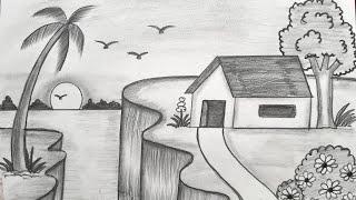 Nature Drawing Easy And Beautiful | Drawing Pictures Pencil Art | House Drawing | Scenery Drawing