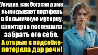 Увидев, как богатая дама выкидывает портфель в больничную мусорку, санитарка поспешила забрать себе