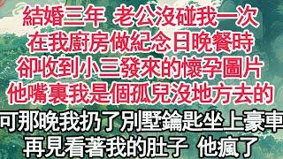 結婚三年 老公沒碰我一次，在我廚房做紀念日晚餐時，卻收到小三發來的懷孕圖片，他嘴裏我是個孤兒沒地方去的，可那晚我扔了別墅鑰匙坐上豪車，再見看著我的肚子 他瘋了【顧亞男】【高光女主】【爽文】【情感】