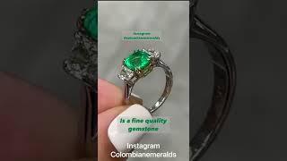 2.93tcw VIVID green cushion Colombian emerald & VS half moon diamond three stone engagement ring 18K