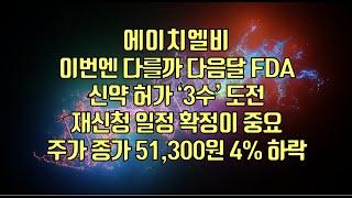 [ 주식 ] 에이치엘비, 이번엔 다를까?  다음달 FDA 신약 허가 ‘3수’ 도전 재신청 일정 확정이 중요! 주가 종가 51,300원 4% 하락
