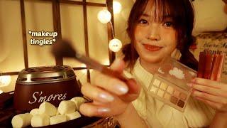 ASMR | Late Night Makeover & S'mores  (makeup application, snacking, whispers, layered sounds)