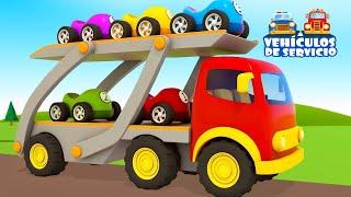 Un camión transportador de coches. Vehículos de servicio. Dibujos animados para niños.