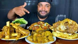 SPICY MUTTON LIVER CURRY, MUTTON CURRY, GOAT HEAD CURRY AND BRINJAL FRY WITH RICE EATING SHOW