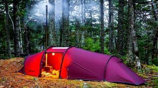 Hot Tent Camping In Rain Solo Adventure