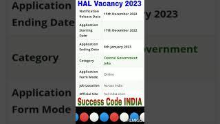 HAL Recruitment 2022-23 | HAL Apprentice 2023 #successcodeindia #shorts #viral