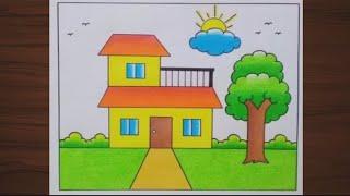 House Scenery Drawing / Ghar Ka Drawing / House Drawing Easy Steps / Easy Drawing / Chitra / Art