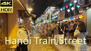 4K HDR | Hanoi Train Street Walking Tour By Night | Vietnam 2023 - Binaural Audio & Captions