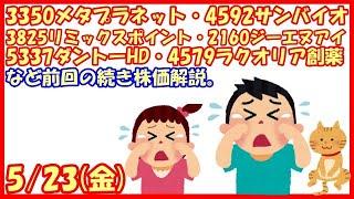 3350メタプラネット・4592サンバイオ・3825リミックスポイント・2160ジーエヌアイ・5337ダントーHD・4579ラクオリア創薬など前回の続き株価解説。(2025/5/23)