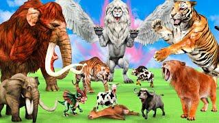 5 Giant Tiger Wolf vs Elephant Bull Cow Gorilla Dinosaur Fight Cow Cartoon Buffalo Saved By Mammoth